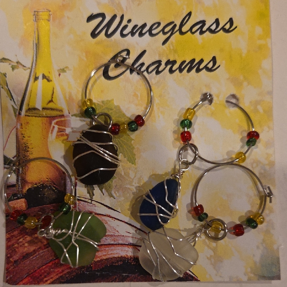 Sea Glass Wire-Wrapped Wine Charms - Green, White, Black, Blue - Picture 7 of 7
